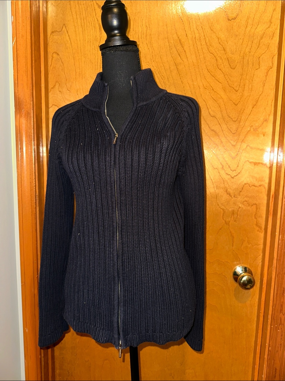 Talbots Navy Ribbed Zip-Front Turtleneck Sweater